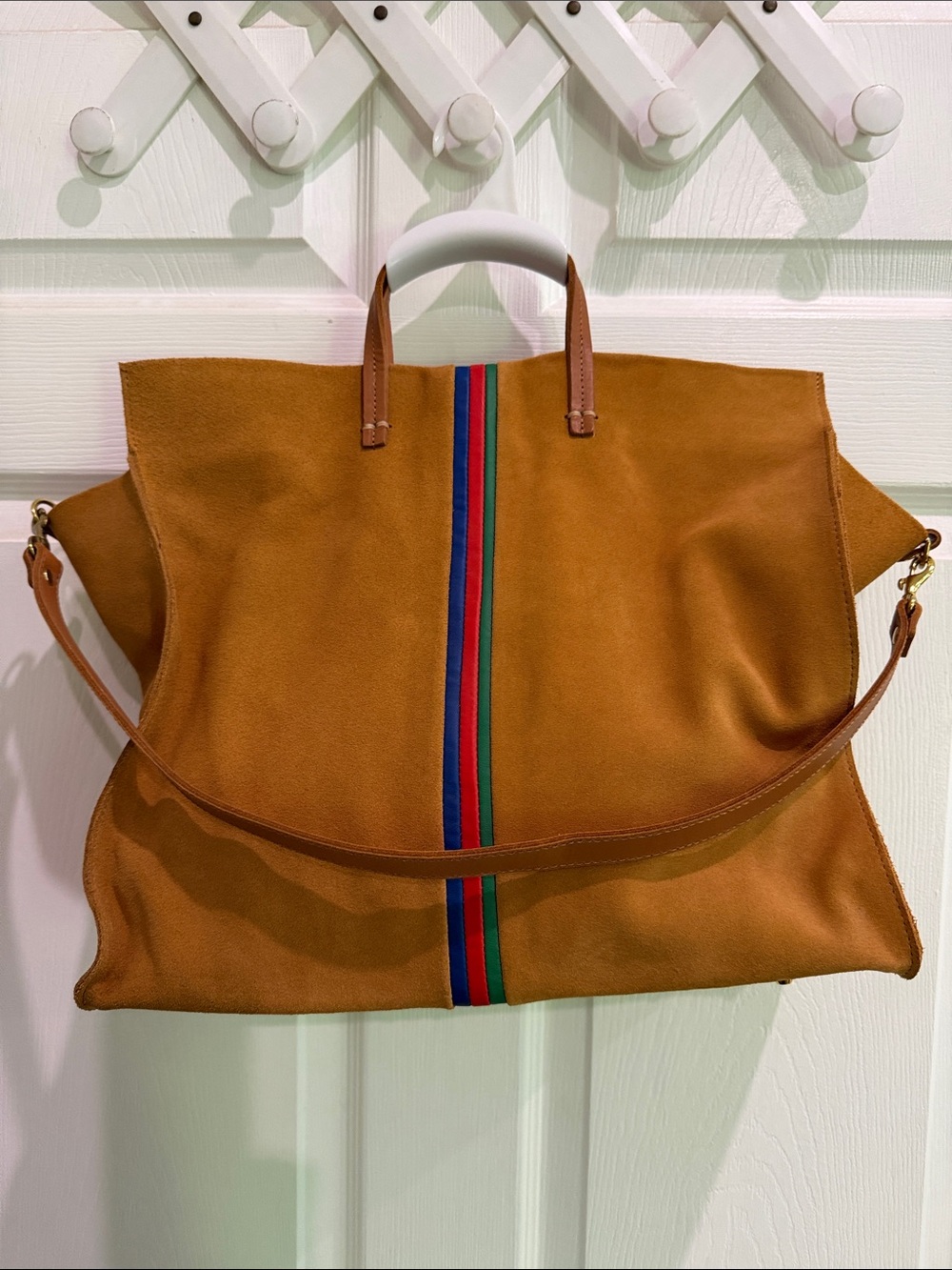 Clare V. Suede Tote Bag with Stripe Detail - Camel